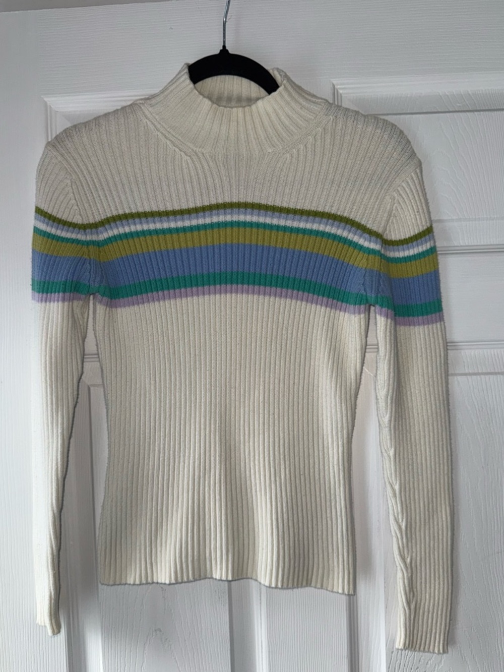Vintage St. Johns Bay Colorful Striped Turtleneck Sweater Cotton Cream Small